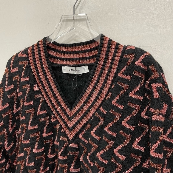 Zara Knit Metallic Z Logo Sweater Tunic Oversized V-Neck Small Blogger Favorite - Picture 7 of 8